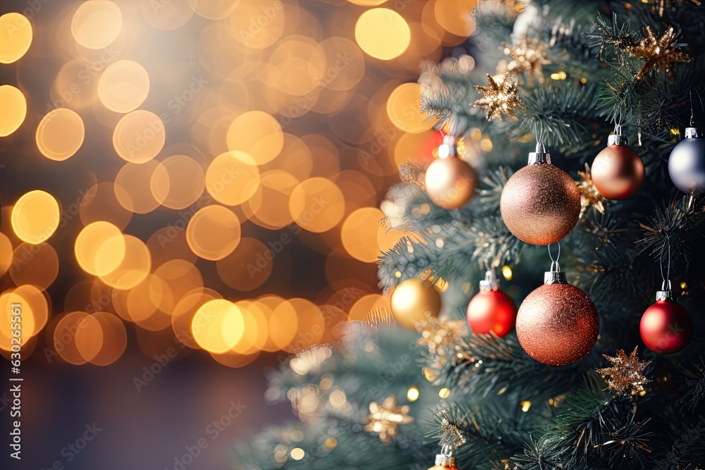 Christmas Tree With Baubles And Blurred Shiny Lights, some blurry space for text Christmas Tree With Baubles And Blurred Shiny Lights, some blurry space for text