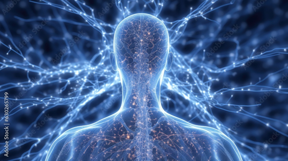 Illustration of thought energy . Head of person and neural network of brain with a problematic areas, Psychic waves concept, Generative AI illustration