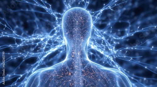 Obraz na płótnie Illustration of thought energy . Head of person and neural network of brain with a problematic areas, Psychic waves concept, Generative AI illustration w salonie