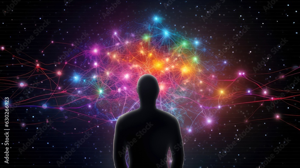 Illustration of thought energy . Head of person and neural network of brain with a problematic areas, Psychic waves concept, Generative AI illustration Illustration of thought energy . Head of person and neural network of brain with a problematic areas, Psychic waves concept, Generative AI illustration