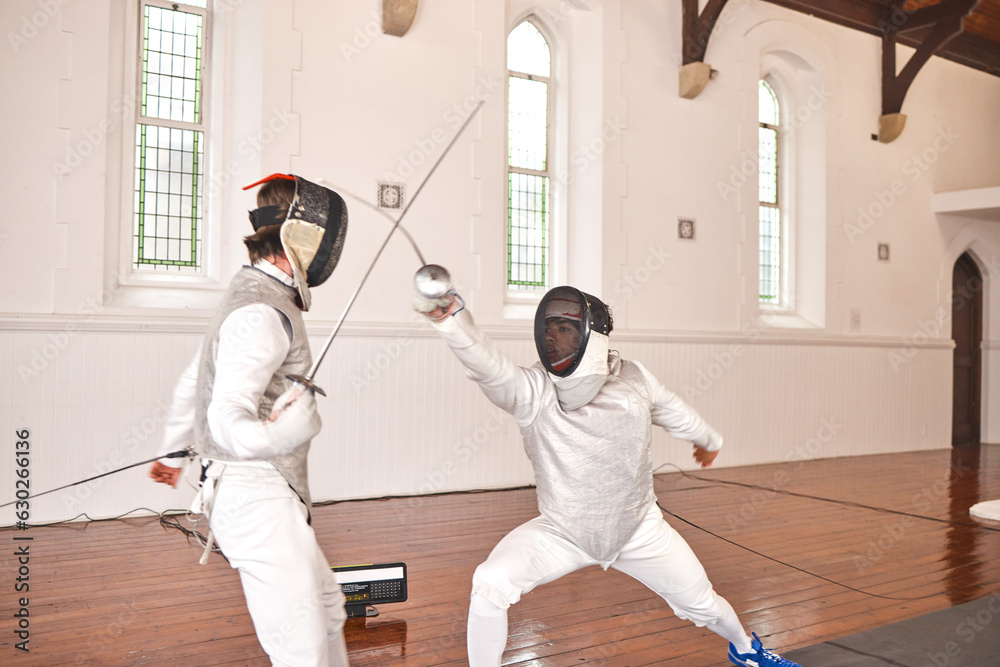 Sport, fight and men with fencing sword in training, exercise or workout in a hall. Martial arts, match and fencers or people with mask and costume for fitness, competition or target in swordplay Sport, fight and men with fencing sword in training, exercise or workout in a hall. Martial arts, match and fencers or people with mask and costume for fitness, competition or target in swordplay