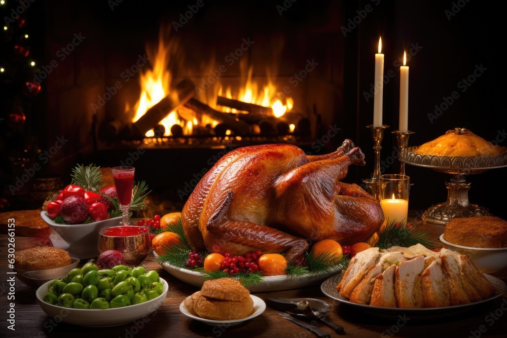 Delicious Christmas feast with roasted turkey, savory sides, and a selection of festive desserts, bringing family and friends together for a memorable meal - Generative AI