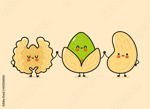 Cute, funny happy Walnut, pistachio and cashews nut. Vector hand drawn cartoon kawaii characters, illustration icon. Funny happy cartoon Walnut, pistachio and cashew nut mascot friends concept