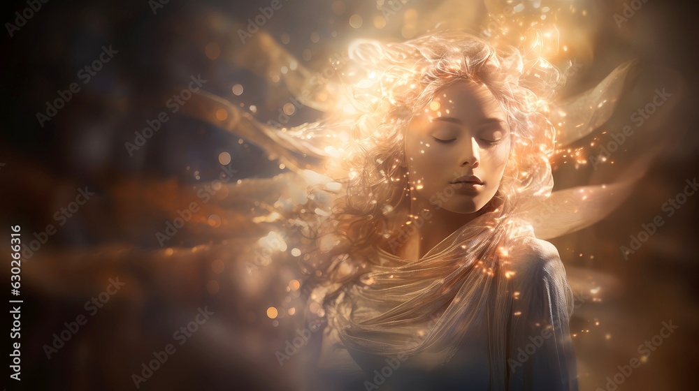 Illustration of woman sleeping and dreaming. Psychic girl considers mind and heart, spirituality, esotericism. Psychic waves concept, Generative AI illustration