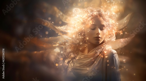Obraz na płótnie Illustration of woman sleeping and dreaming. Psychic girl considers mind and heart, spirituality, esotericism. Psychic waves concept, Generative AI illustration w salonie