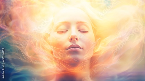 Illustration of woman sleeping and dreaming. Psychic girl considers mind and heart, spirituality, esotericism. Psychic waves concept, Generative AI illustration photo
