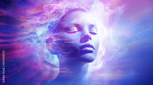 Illustration of woman sleeping and dreaming. Psychic girl considers mind and heart, spirituality, esotericism. Psychic waves concept, Generative AI illustration