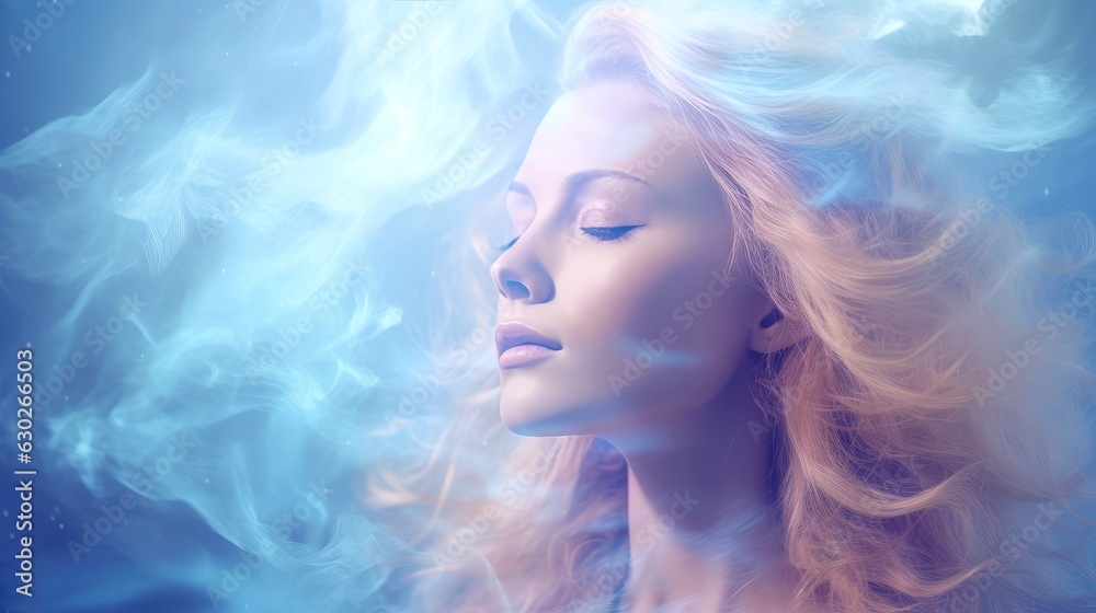 Illustration of woman sleeping and dreaming. Psychic girl considers mind and heart, spirituality, esotericism. Psychic waves concept, Generative AI illustration Illustration of woman sleeping and dreaming. Psychic girl considers mind and heart, spirituality, esotericism. Psychic waves concept, Generative AI illustration