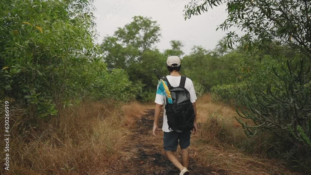 A man with a black backpack on his back wearing a white cap and walking into the burned ground forest. A man with a black backpack on his back wearing a white cap and walking into the burned ground forest.