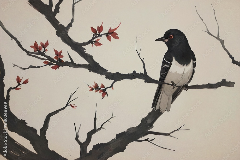 A bird sit on branch, traditional Chinese ink painting. Generative AI A bird sit on branch, traditional Chinese ink painting. Generative AI