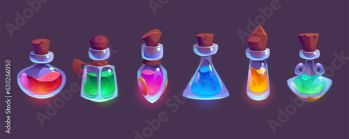 Bottles of magic elixir or potion - cartoon game vector illustration set of bright glowing fantasy liquid in glass jars with corks. Various vials and flasks with colorful medicine or poison drink.
