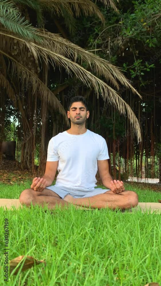 Hombre indio practicando técnicas de respiración. Sesión de meditación sobre colchoneta de yoga en el parque. Relax al aire libre para una mejor salud. Ejercicios de concentración por la mañana en ver