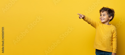 Happy young boy pointing out to the side with copy space on color background. Generative AI banner