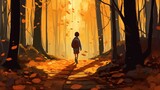 boy walking in the autumn forest Generative AI