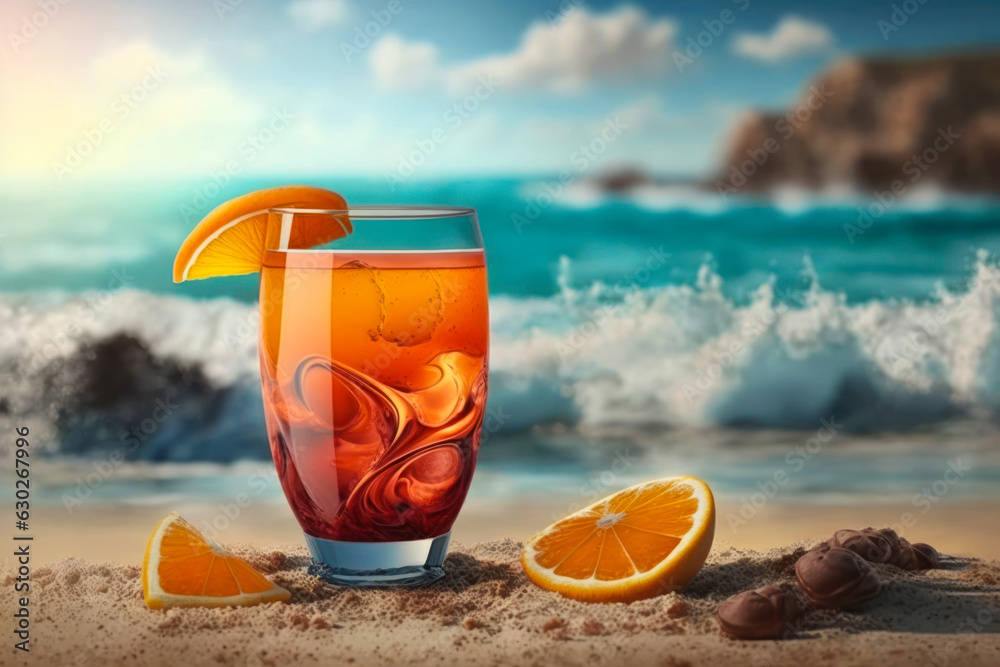 Fresh fruit cocktail on beach with blue sea on background. Concept of summer vacations. Cold drinks for hot weather refreshment. Generative AI