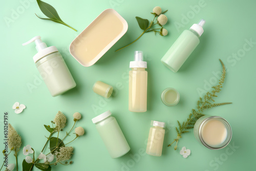 Organic cosmetic products for skin care on a light green background. Top view. Generative AI
