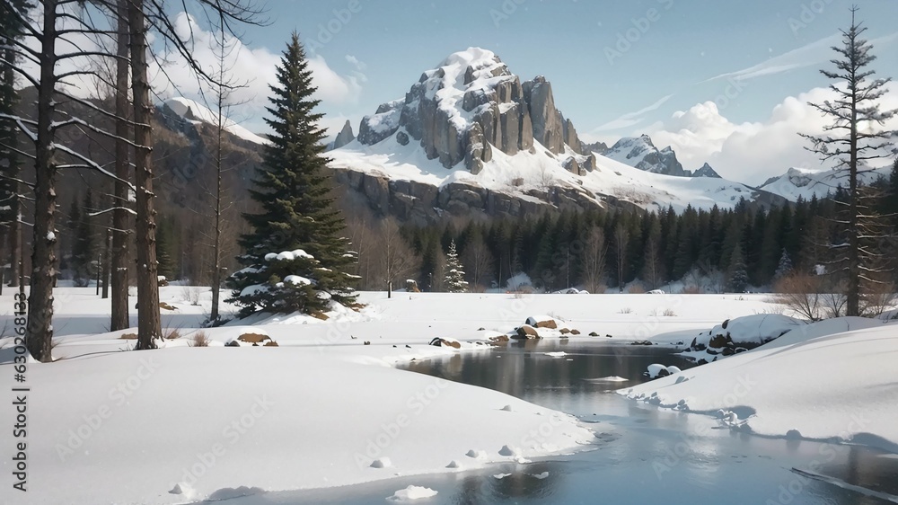 a mountain range with a river in the foreground and snow on the ground in the foreground