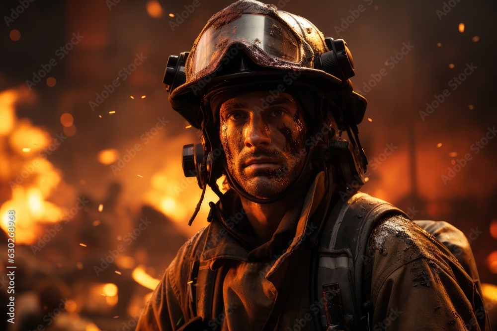 Firefighter in protective wear and helmet fighting with fire, generative AI Firefighter in protective wear and helmet fighting with fire, generative AI