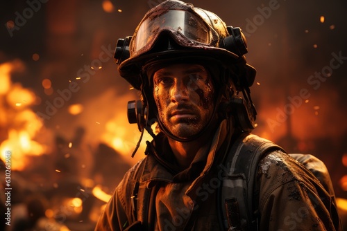 Firefighter in protective wear and helmet fighting with fire, generative AI