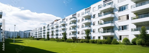 Modern white apartment with green grass landscape. Luxury condo design with background. Stylish and sky view