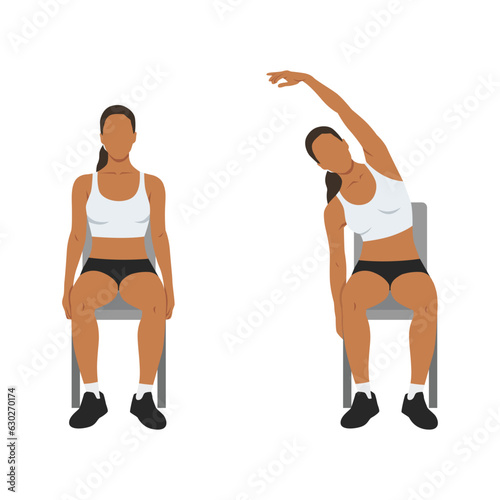 Woman doing seated side bends or lat stretch exercise. Flat vector illustration isolated on white background