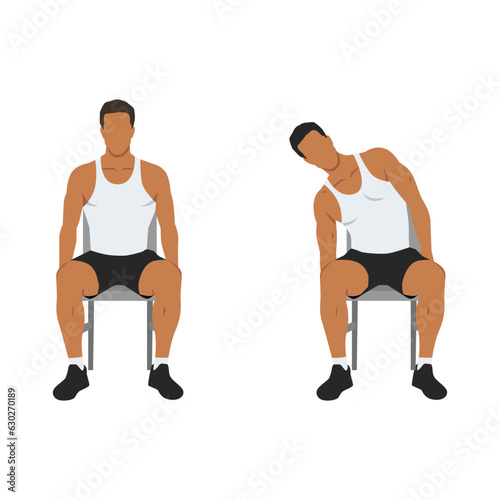 Man doing seated side leans or chair leans exercise. Flat vector illustration isolated on white background