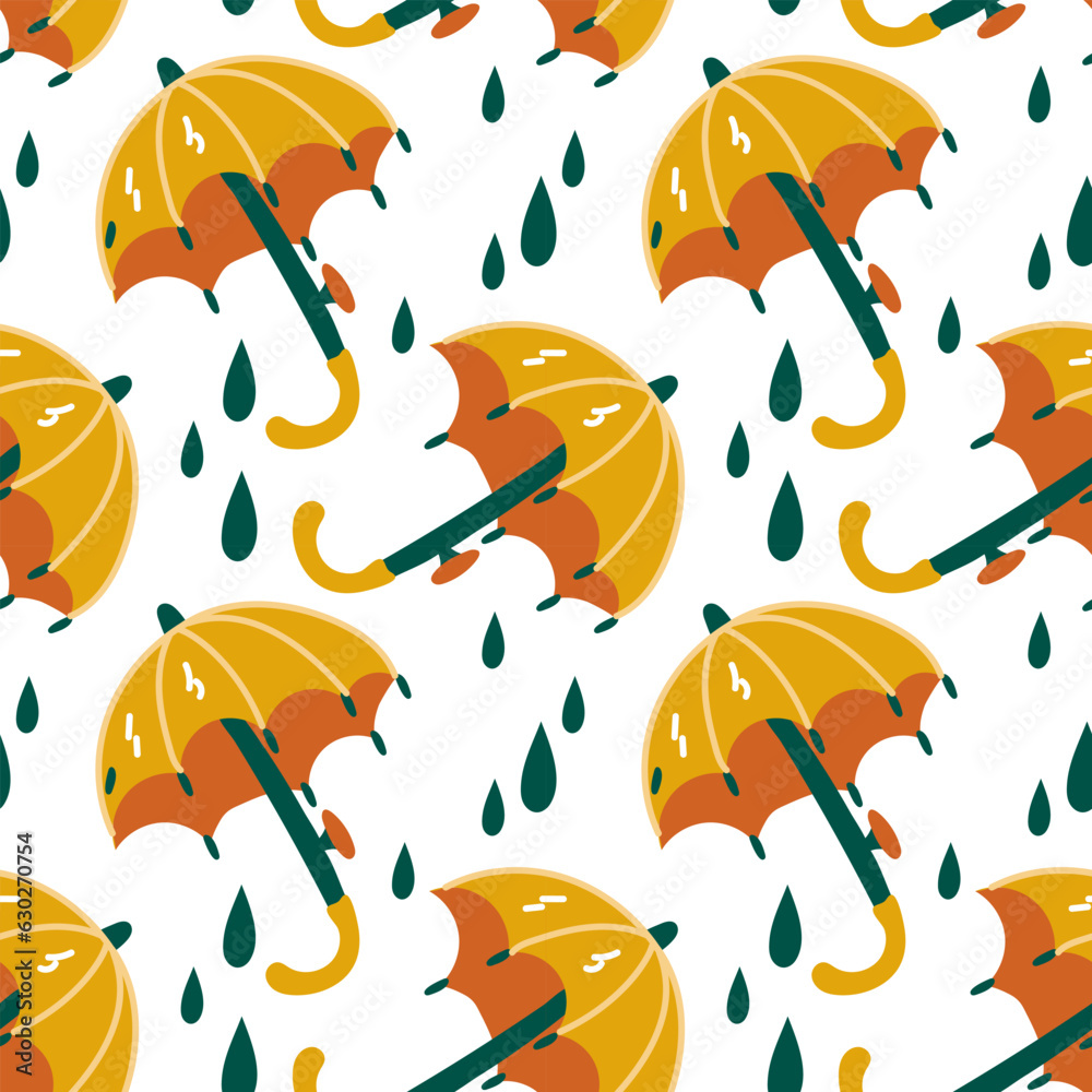 Fototapeta premium A pattern of yellow umbrellas with raindrops on an autumn theme. Cartoon style. A symbol of comfort. Vector illustration of a falling umbrella in the rain. printing on textiles and paper. Packaging