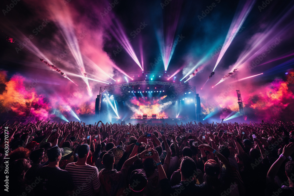 the colorful stage lights illuminating a cheering crowd, bringing the excitement of a music festival to life Generative AI