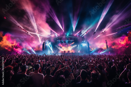 the colorful stage lights illuminating a cheering crowd, bringing the excitement of a music festival to life Generative AI