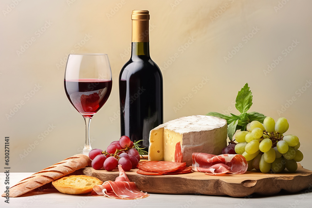 Cheese, cold cuts, grapes and red wine, on a light background.