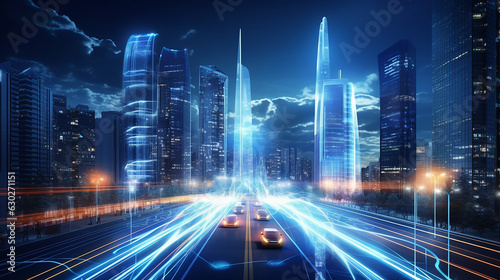 Night city with light trails. Futuristic cityscape