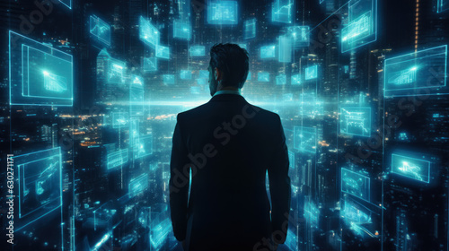 Futuristic businessman in city with hologram screens. Corporate management, financial analysis, and innovation in virtual reality. Global success.