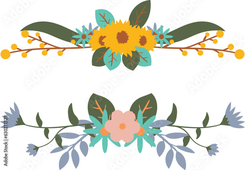 Vector set of floral wreaths with sunflowers, leaves and branches photo