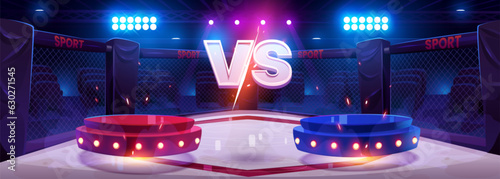 Versus concept - red and blue podiums on boxing ring with VS sign. Cartoon vector illustration of two stands of sport confrontation and competition. Horizontal background - game battle banner.
