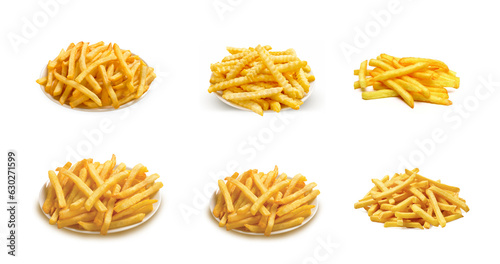 Set of pictures with fry Potato. french fries, Golden, delicious, crispy and hearty. Fast food. Isolated on a white background.