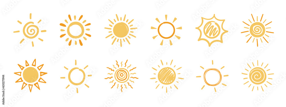 Cute doodle sun set. Set of illustrations in hand drawn style.