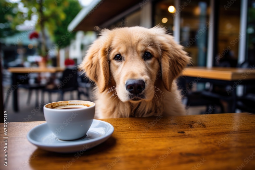 Cute golden retriever dog in cafe, cup of coffee on the table