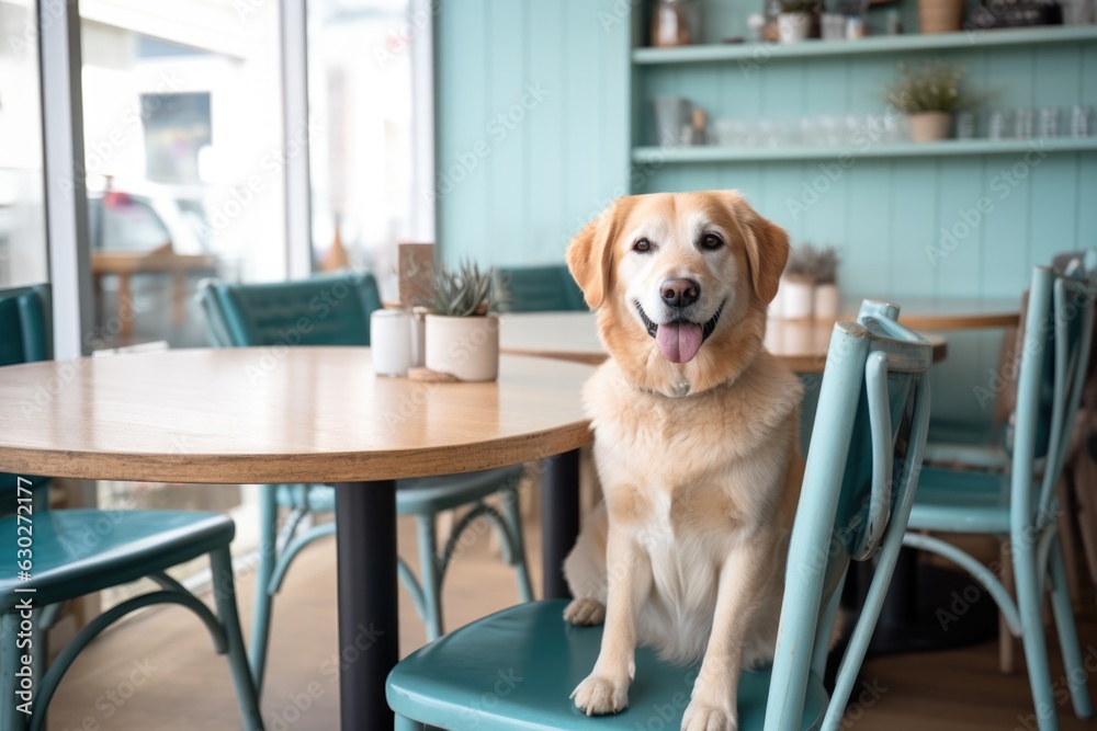Cute golden retriever dog in cafe sitting on the chair, dogs friendly cafe concept
