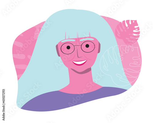 Portrait of a natural old woman in glasses isolated, visually impaired person as a variety, vector stock illustration