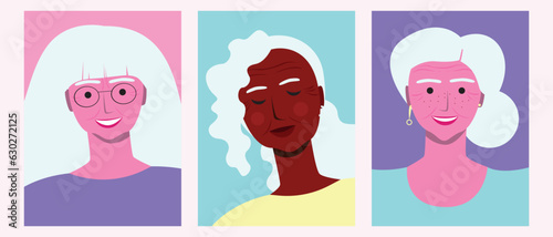 Natural mature or older women with wrinkles, different ethnic group, visually impaired person, set or collection, vector stock illustration