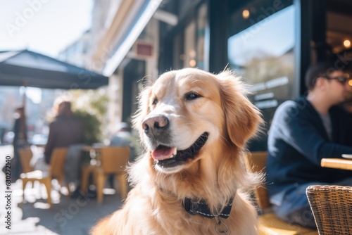 Cute golden retriever dog in cafe