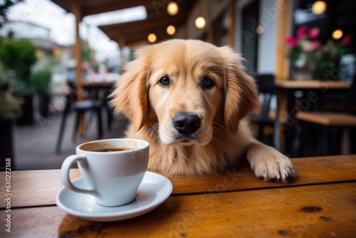 Cute golden retriever dog in cafe put paw on the table with cup of coffee