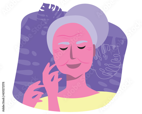 Diverse natural old woman with wrinkles, face and smile of a mature person, vector stock illustration