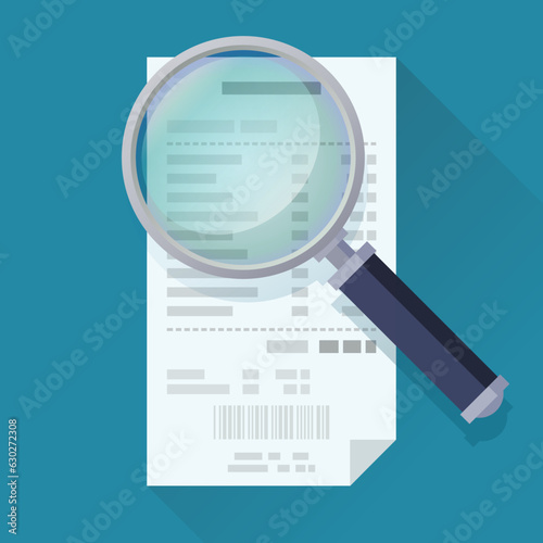 Sales receipt under a magnifying glass in flat design style on a blue background