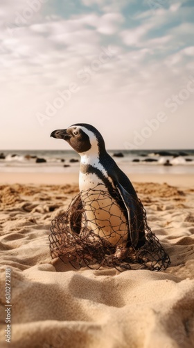 National Geographic Portrait wild Penguin in Net representing environmental pollution . AI Generative © MendyZa