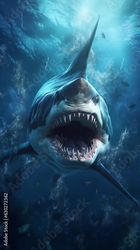 National Geographic Portrait wild Shark underwater with open mouth and teeth . AI Generative