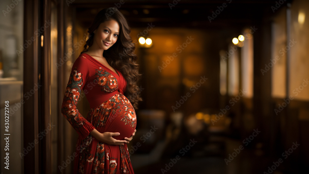 Schwangere Hübsche Frau mit Babybauch in schönen Abendkleid und dunklen Licht Porträt, ai generativ