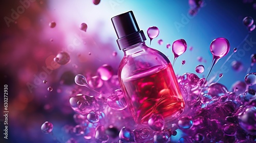 Cosmetic bottle on water texture background with splashes