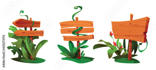 Jungle plant on game wood sign board ui cartoon vector. Forest signboard banner with amazon liana, grass and tropic flower. Isolated road direction label template nature design for comic interface