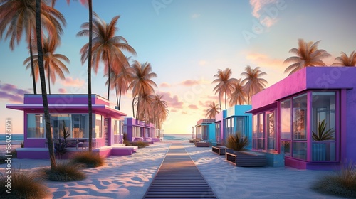 Generative AI, Miami beach huts, Summer Vibes retro illustration. Vintage pink and blue colors, buildings, California palms, 80s style © DELstudio